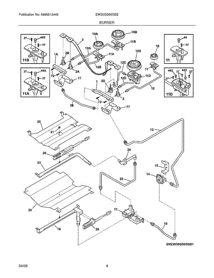 BURNER Diagram and Parts List for EW30GS65GS2  Electrolux Range