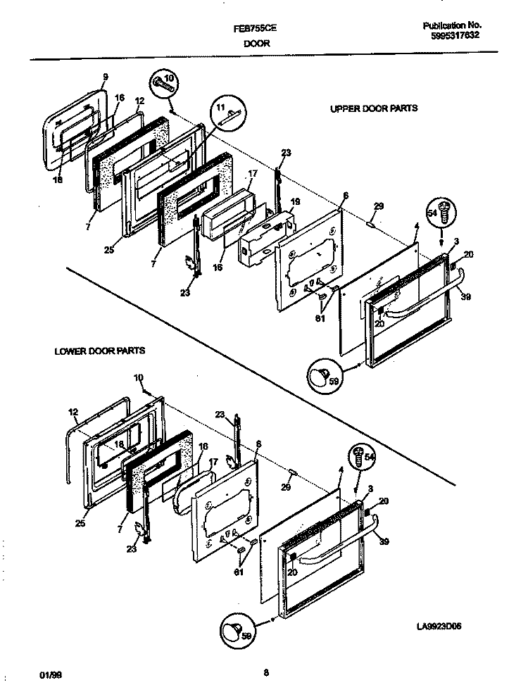 UPPER / LOWER DOORS Diagram and Parts List for FEB755CESF  Frigidaire Wall Oven