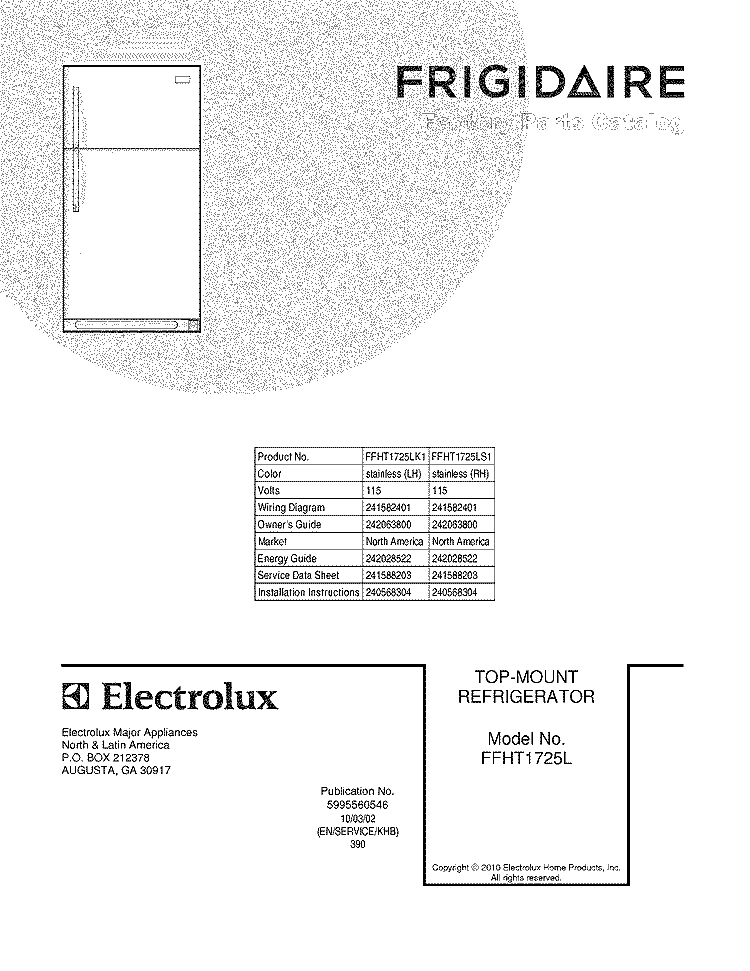 COVER Diagram and Parts List for FFHT1725LK1  Frigidaire Refrigerator