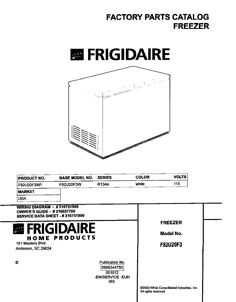 COVER Diagram and Parts List for F82U20F3W1  Frigidaire Freezer