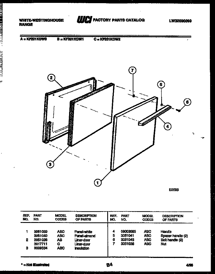 DOOR PARTS Diagram and Parts List for KF201KDW0  Frigidaire Range