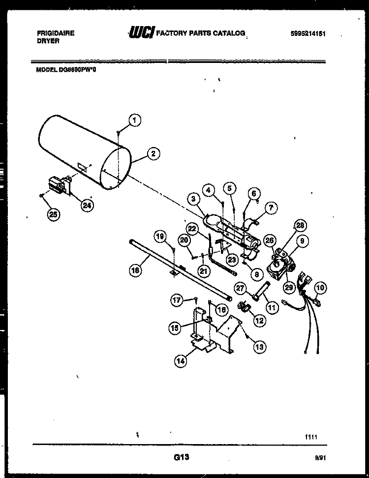 BURNER, IGNITER AND VALVE Diagram and Parts List for DG8600PW0  Frigidaire Dryer