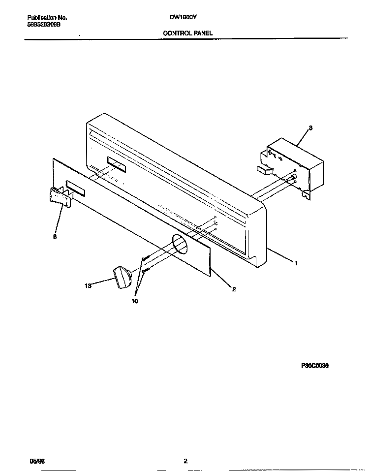 CONTROL PANEL Diagram and Parts List for DW1800Y0  Frigidaire Dishwasher