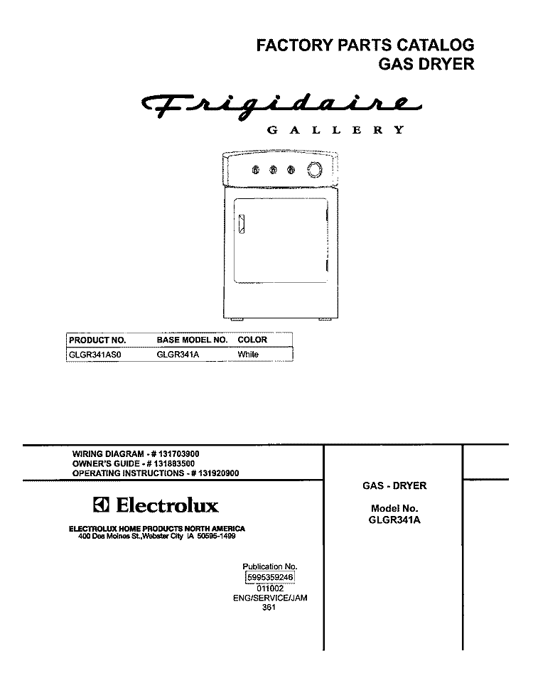 COVER Diagram and Parts List for GLGR341AS0  Frigidaire Dryer