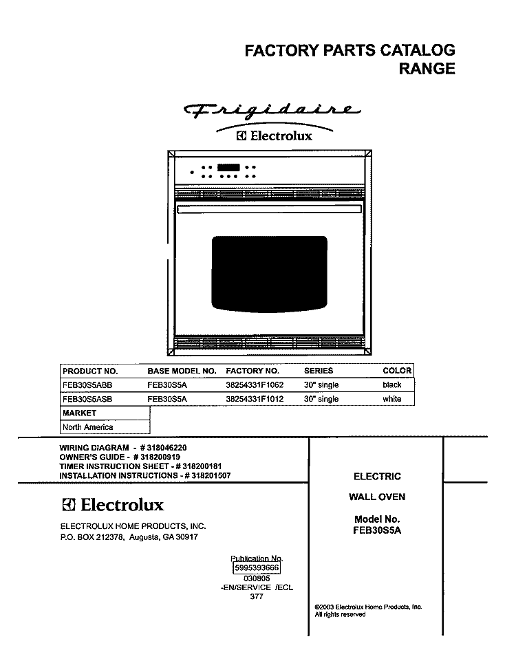 COVER Diagram and Parts List for FEB30S5ABB  Frigidaire Wall Oven