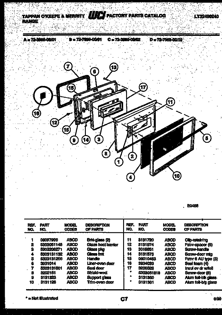 LOWER OVEN DOOR PARTS Diagram and Parts List for 72-3989-00-01  Tappan Range