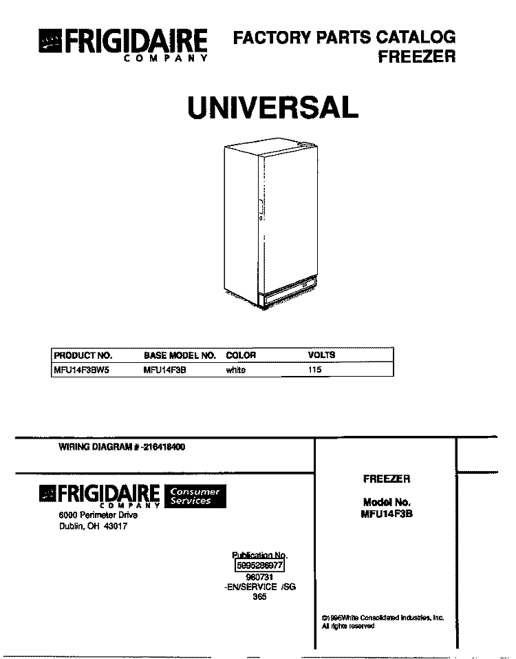 COVER Diagram and Parts List for MFU14F3BW5  Frigidaire Freezer