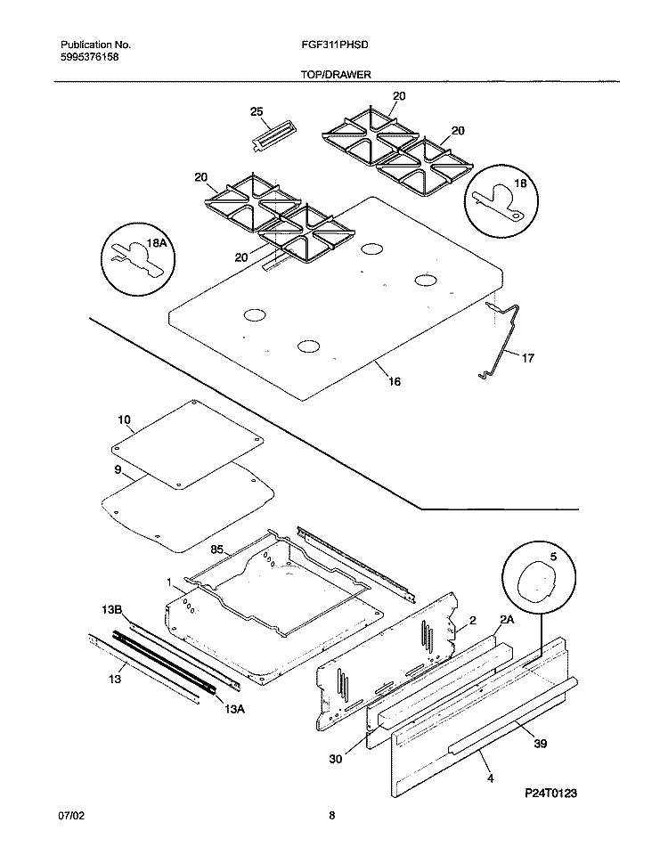 TOP / DRAWER Diagram and Parts List for FGF311PHSD  Frigidaire Range