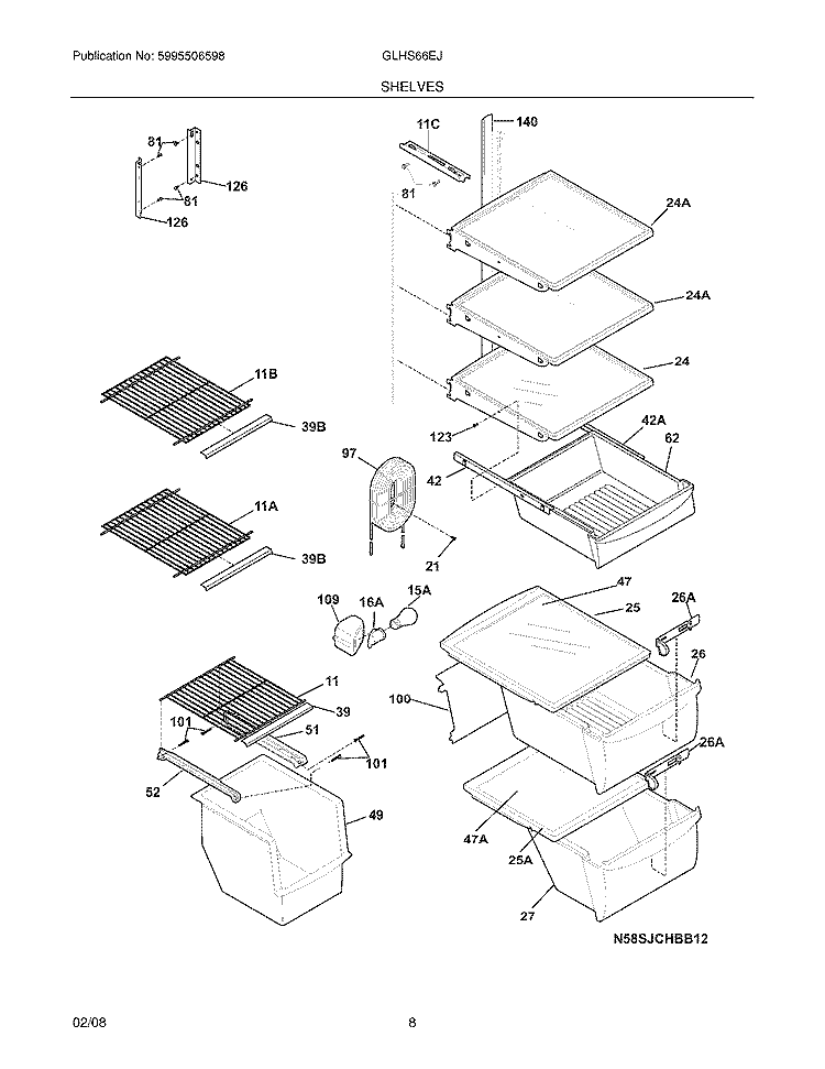 SHELVES Diagram and Parts List for GLHS66EJB0  Frigidaire Refrigerator