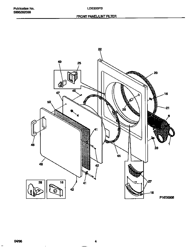 FRONT PANEL / LINT FILTER Diagram and Parts List for LDE333PBW1  Frigidaire Dryer