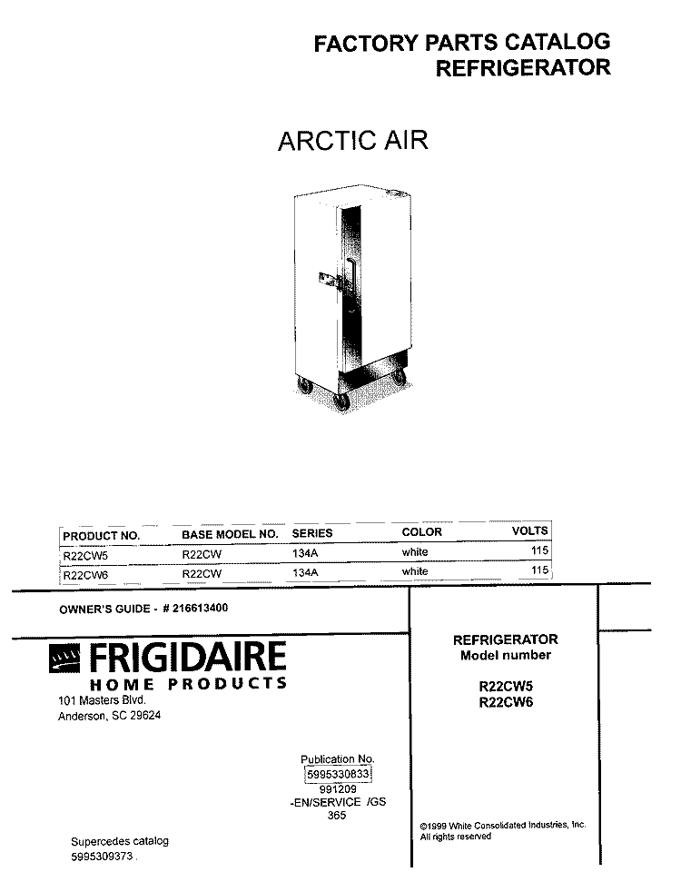 COVER Diagram and Parts List for R22CW5  Frigidaire Freezer