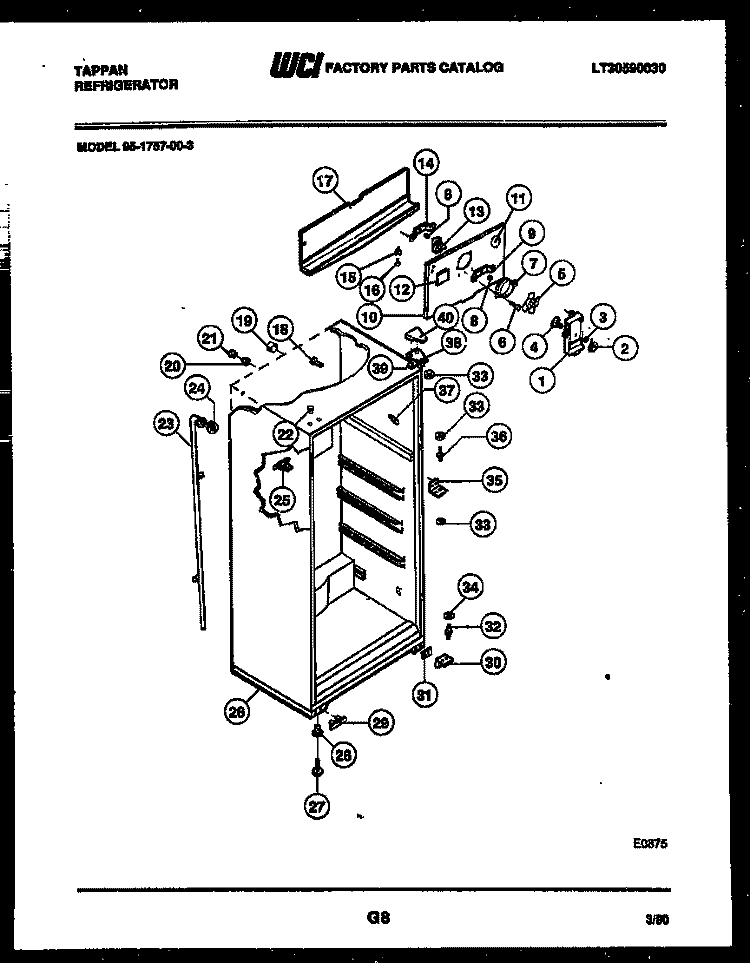 CABINET PARTS Diagram and Parts List for 95-1757-23-03  Tappan Refrigerator