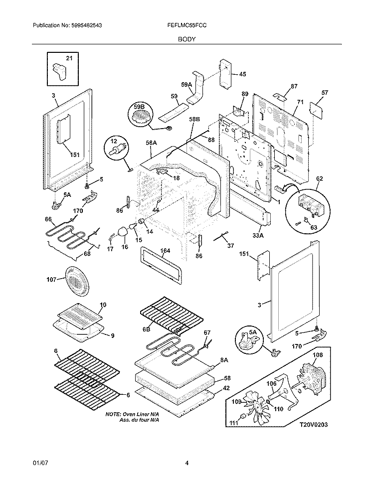 BODY Diagram and Parts List for FEFLMC55FCC  Frigidaire Range