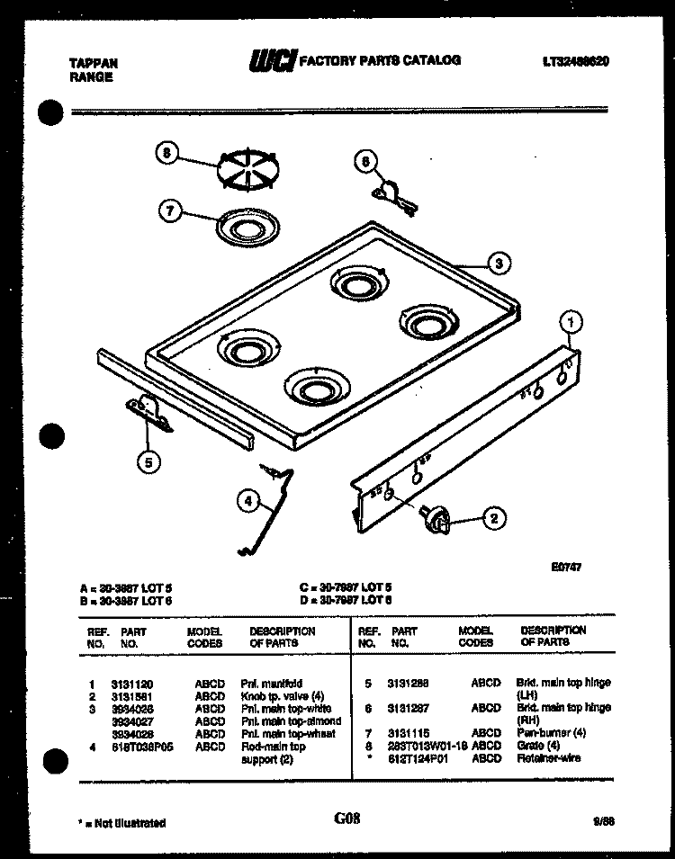 COOKTOP PARTS Diagram and Parts List for 30-3987-23-06  Tappan Range