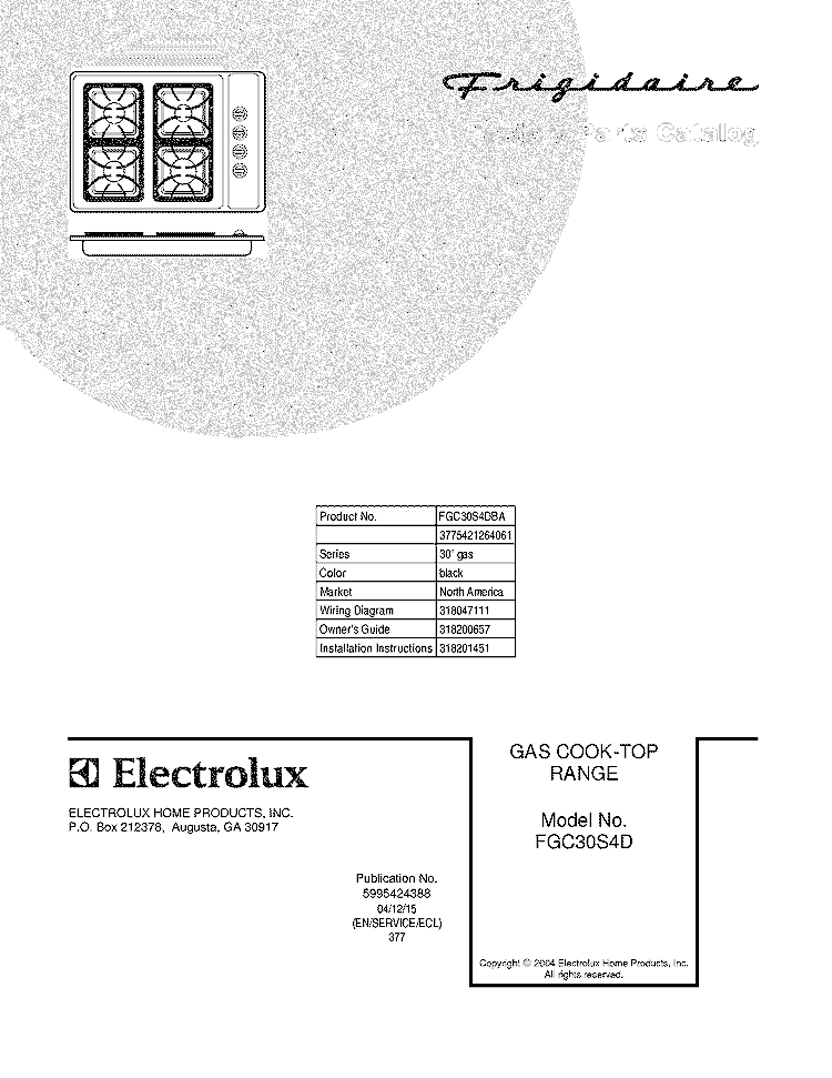 COVER Diagram and Parts List for FGC30S4DBA  Frigidaire Cooktop