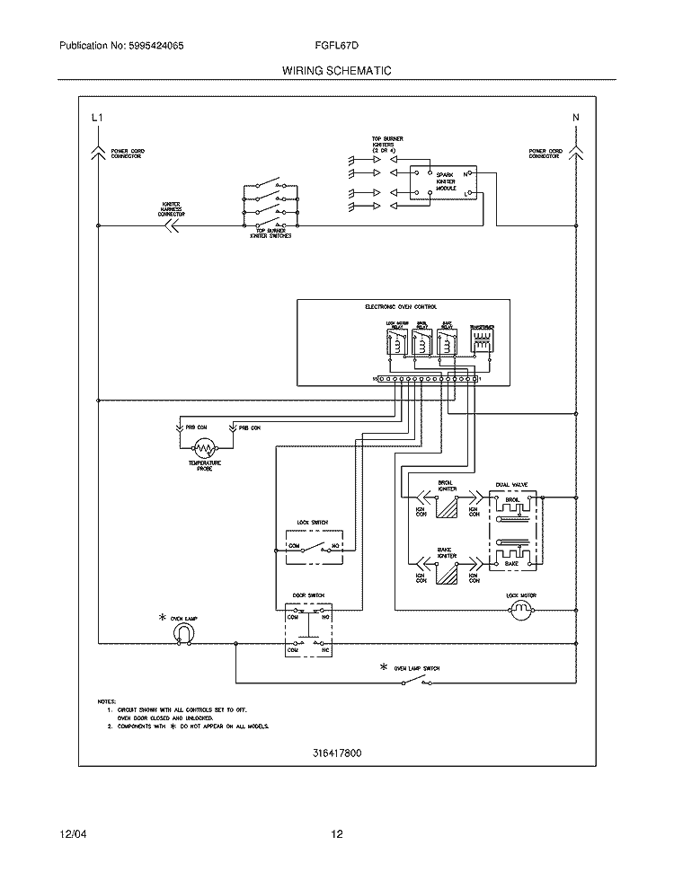 WIRING SCHEMATIC Diagram and Parts List for FGFL67DCB  Frigidaire Range