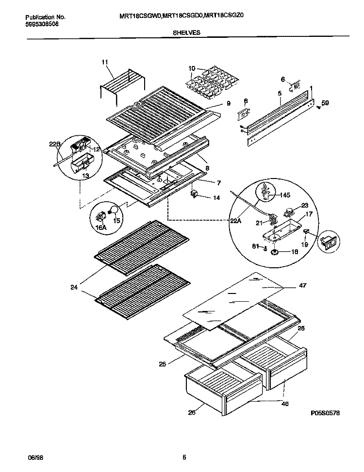SHELVES Diagram and Parts List for MRT18CSGZ0  Frigidaire Refrigerator