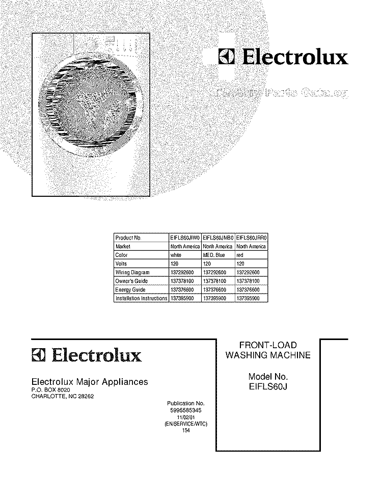 COVER Diagram and Parts List for EIFLS60JIW0  Electrolux Washer