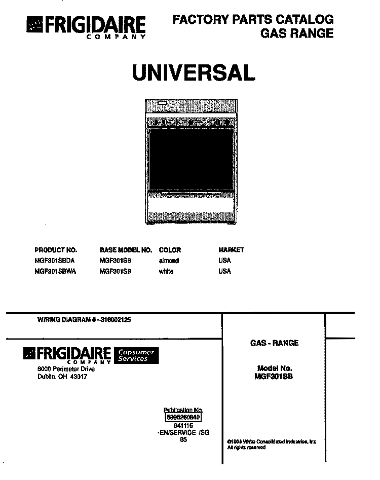 GAS RANGE Diagram and Parts List for MGF301SBWA  Frigidaire Range