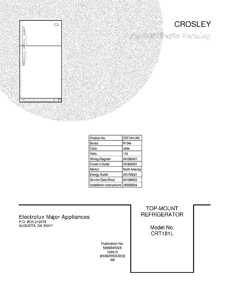 COVER Diagram and Parts List for CRT181LW0  Crosley Refrigerator