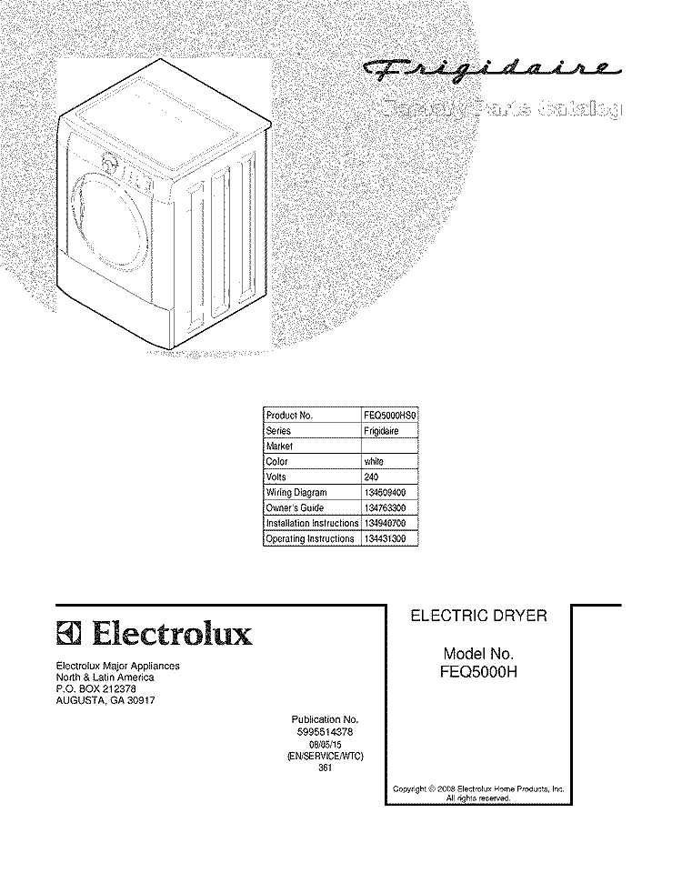 COVER Diagram and Parts List for FEQ5000HS0  Frigidaire Dryer