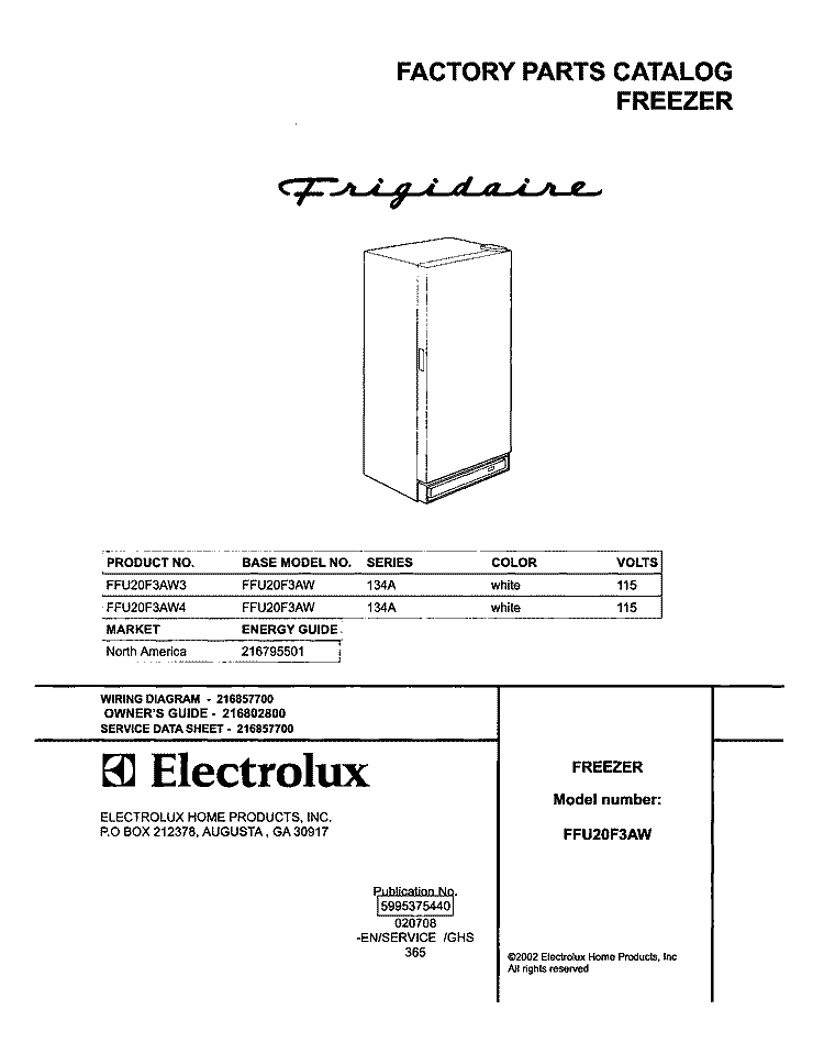 COVER Diagram and Parts List for FFU20F3AW4  Frigidaire Freezer