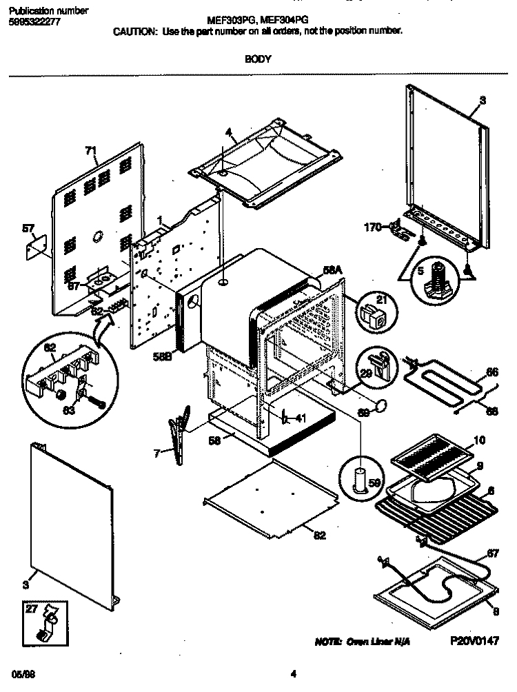 BODY Diagram and Parts List for MEF303PGWC  Frigidaire Range