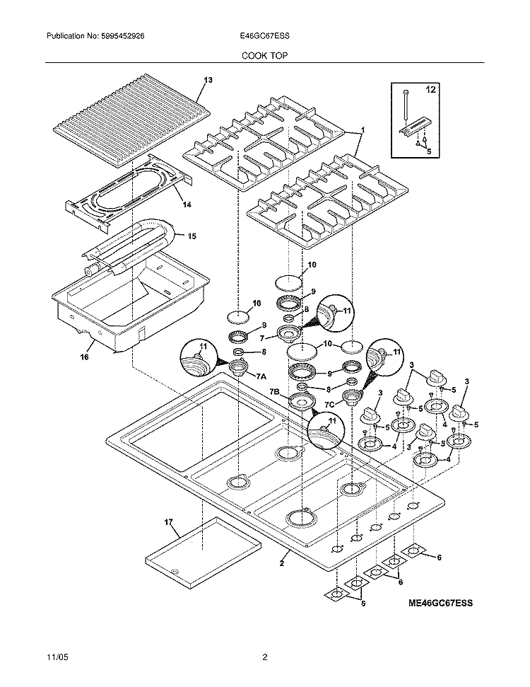 MAINTOP Diagram and Parts List for E46GC67ESS  Electrolux Cooktop