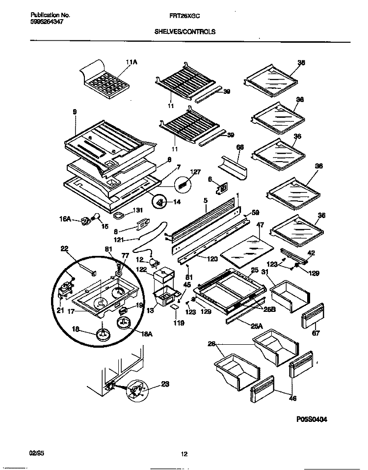 SHELVES / CONTROLS Diagram and Parts List for FRT26XGCD0  Frigidaire Refrigerator