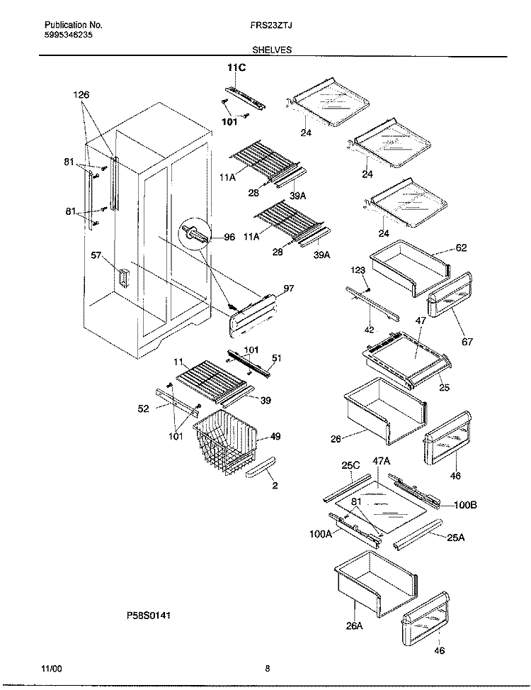 SHELVES Diagram and Parts List for FRS23ZTJW1  Frigidaire Refrigerator