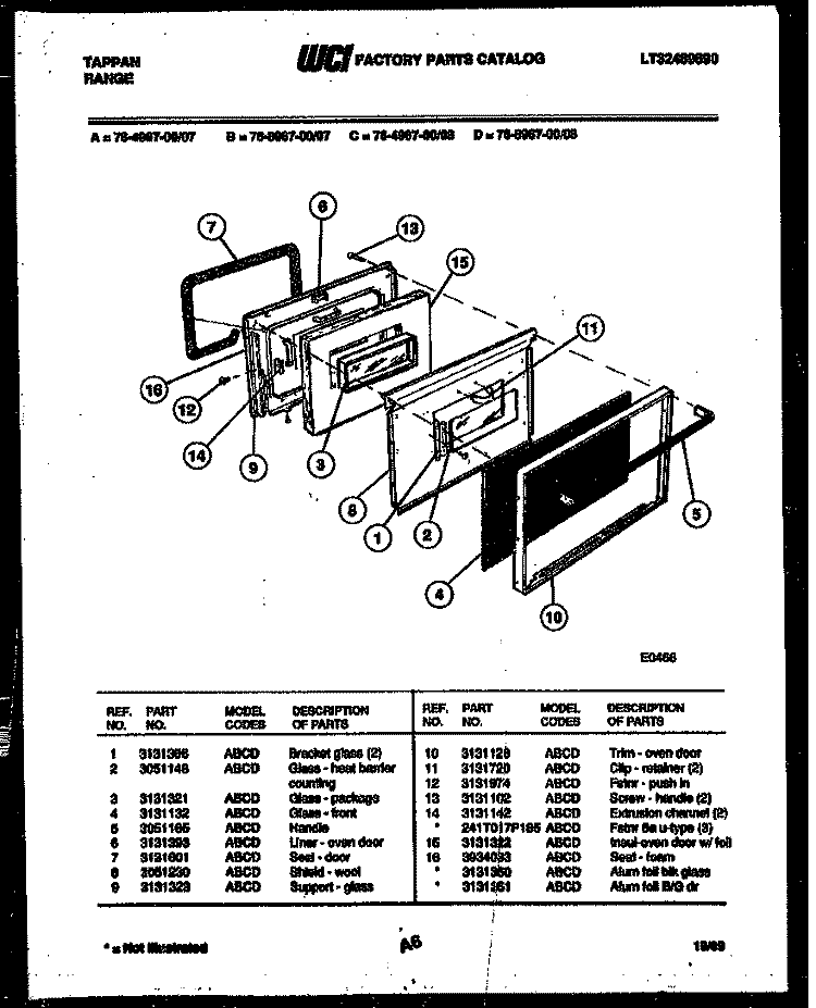 LOWER OVEN DOOR PARTS Diagram and Parts List for 76-4967-00-07  Tappan Microwave Oven Combo