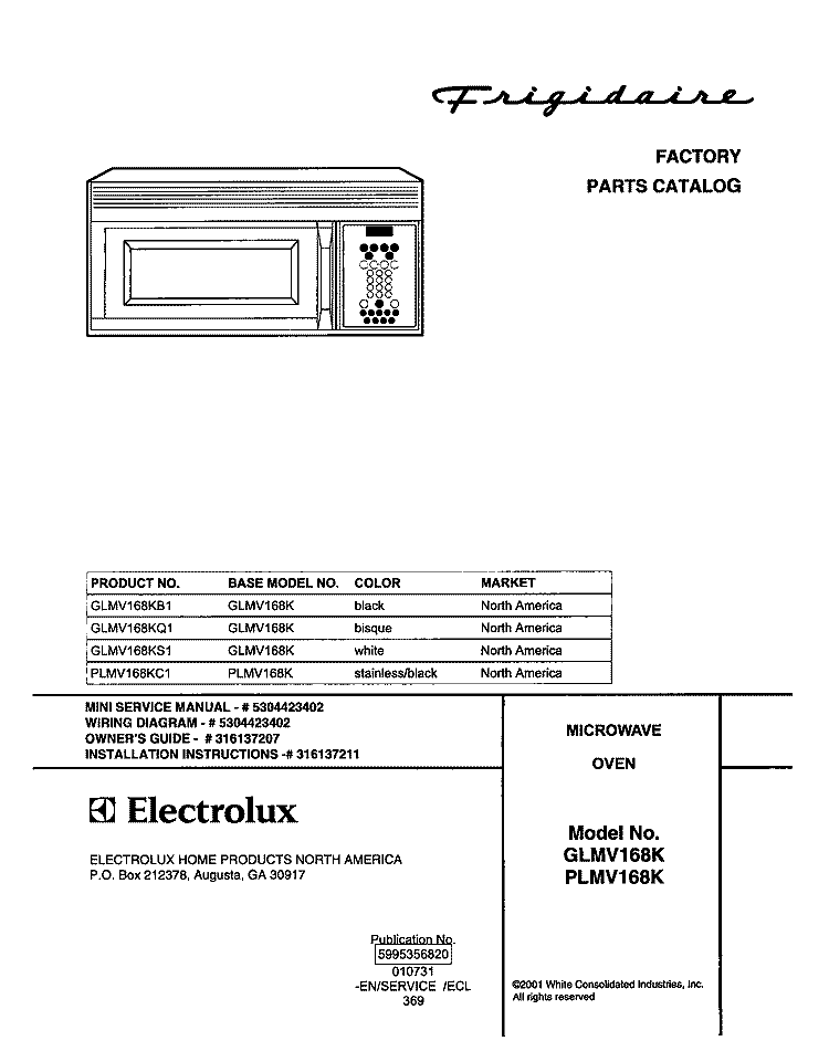 COVER Diagram and Parts List for GLMV168KQ1  Frigidaire Microwave