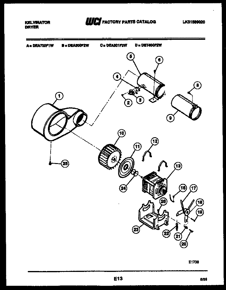 BLOWER AND DRIVE PARTS Diagram and Parts List for DEA700F1W  Kelvinator Dryer