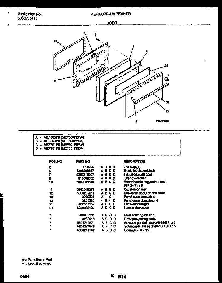 DOOR PARTS Diagram and Parts List for MEF300PBWA  Frigidaire Range