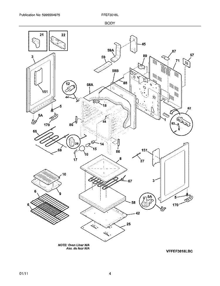 BODY Diagram and Parts List for FFEF3018LBC  Frigidaire Range