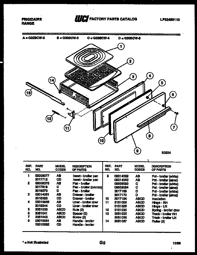 BROILER DRAWER PARTS Diagram and Parts List for G32BCL2  Frigidaire Range