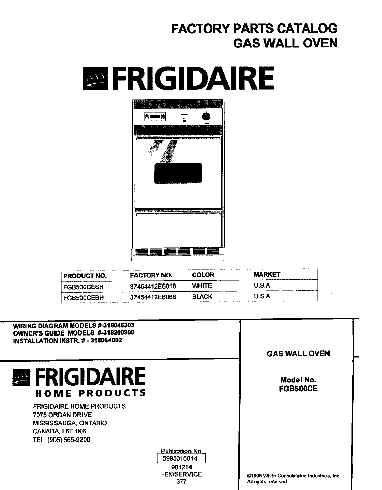 COVER Diagram and Parts List for FGB500CESH  Frigidaire Wall Oven