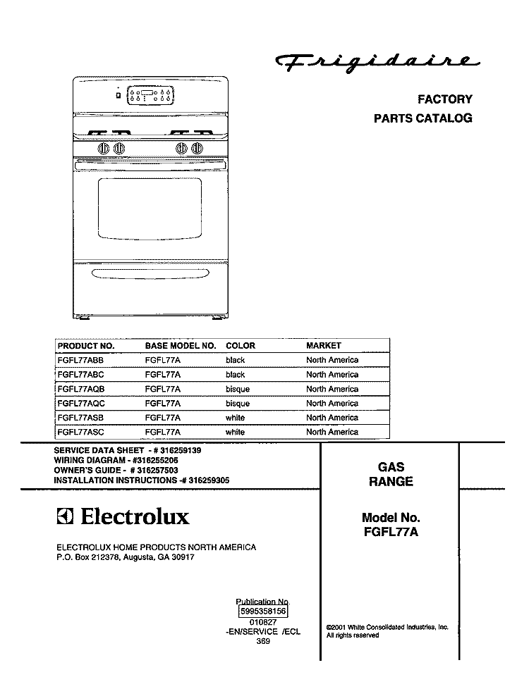 COVER Diagram and Parts List for FGFL77ABB  Frigidaire Range