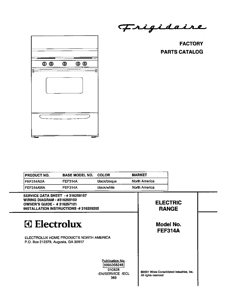 COVER Diagram and Parts List for FEF314AUA  Frigidaire Range