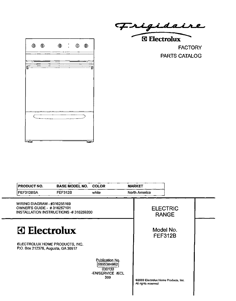 COVER Diagram and Parts List for FEF312BSA  Frigidaire Range