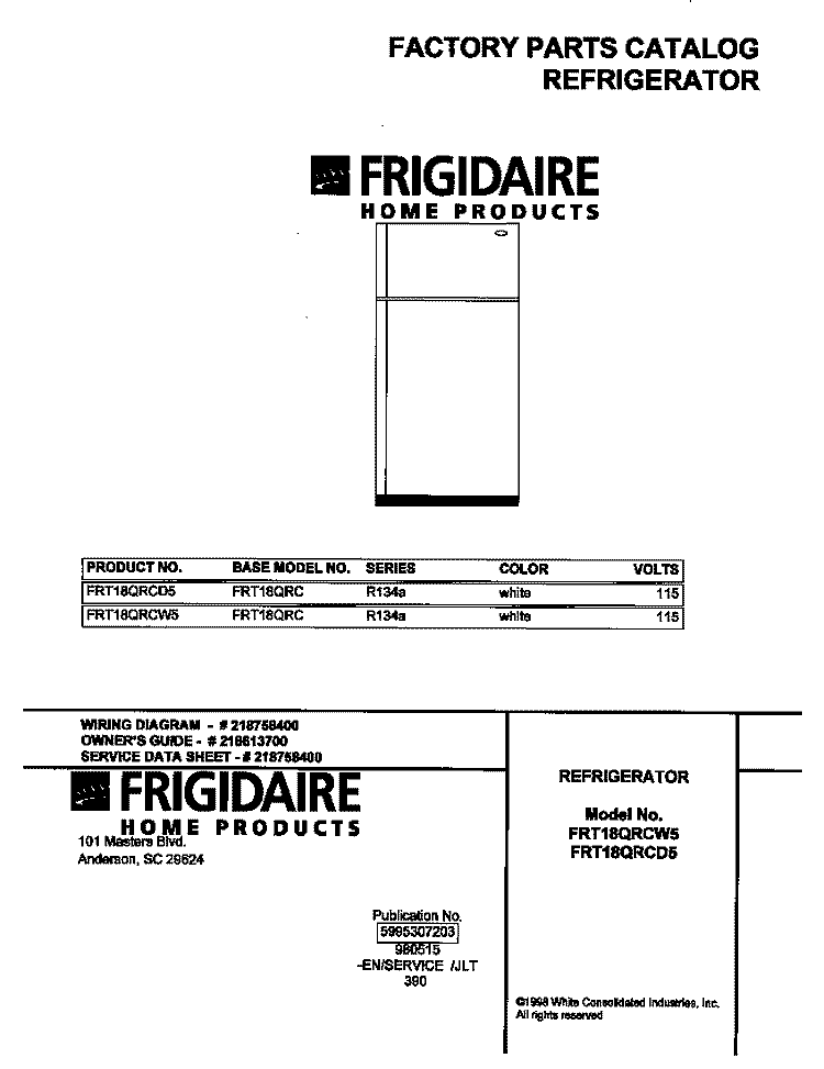 COVER Diagram and Parts List for FRT18QRCD5  Frigidaire Refrigerator