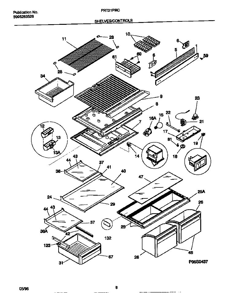 SHELVES / CONTROLS Diagram and Parts List for FRT21PRCW2  Frigidaire Refrigerator