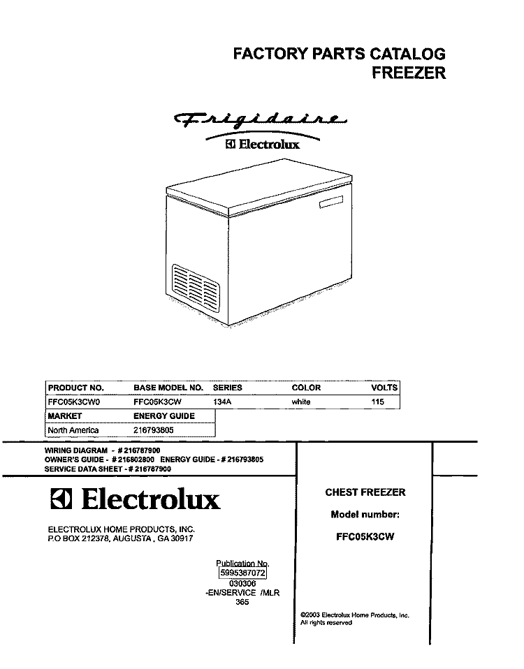 COVER Diagram and Parts List for FFC05K3CW0  Frigidaire Freezer