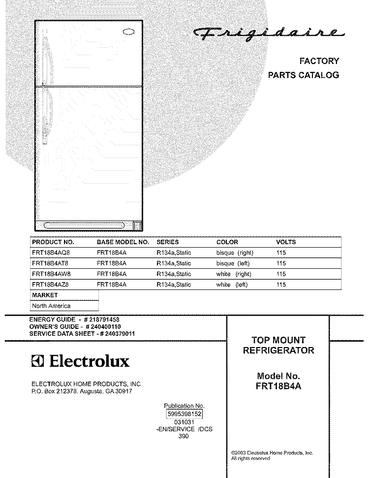 COVER Diagram and Parts List for FRT18B4AZ8  Frigidaire Refrigerator