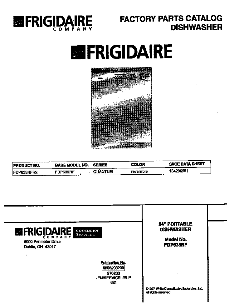 COVER Diagram and Parts List for FDP635RFR2  Frigidaire Dishwasher