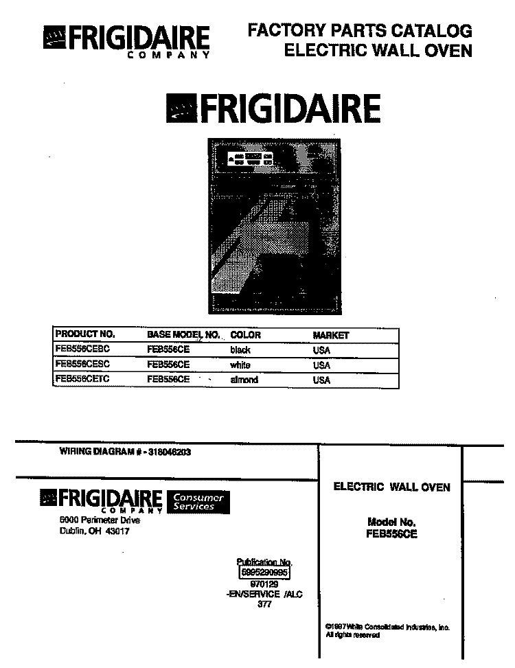 COVER Diagram and Parts List for FEB556CETC  Frigidaire Wall Oven
