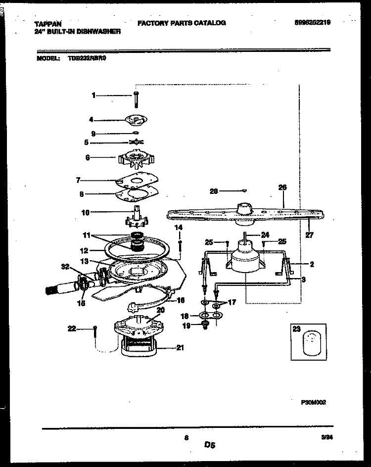 MOTOR PUMP PARTS Diagram and Parts List for TDB232RBR0  Tappan Dishwasher