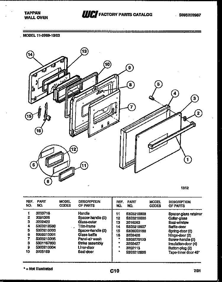 DOOR PARTS Diagram and Parts List for 11-2969-00-03  Tappan Wall Oven