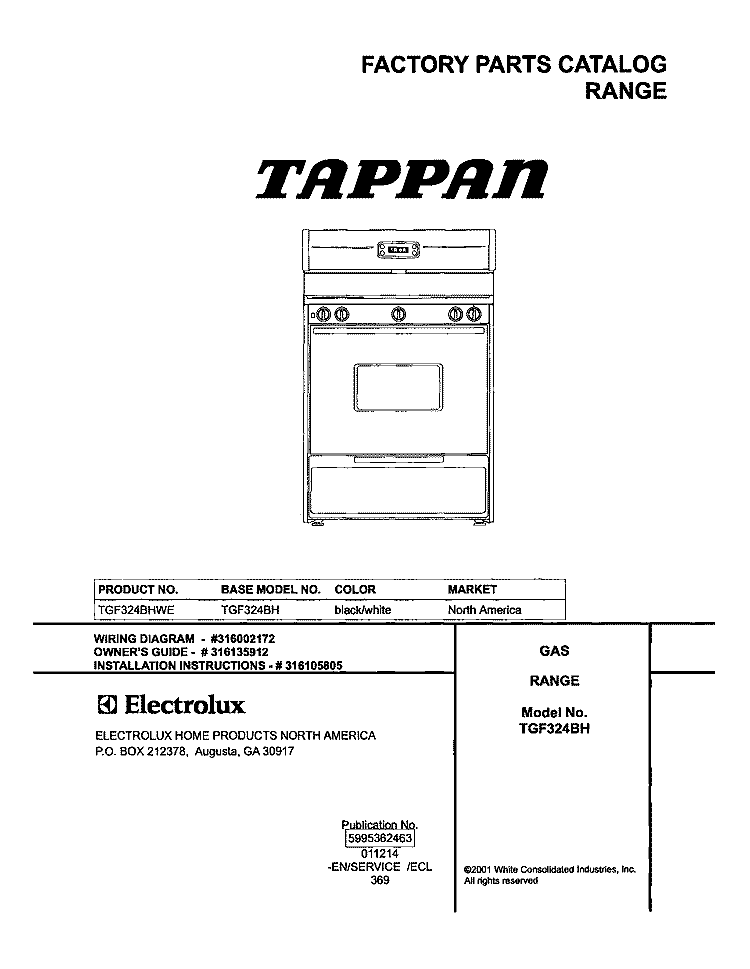 COVER Diagram and Parts List for TGF324BHWE  Tappan Range