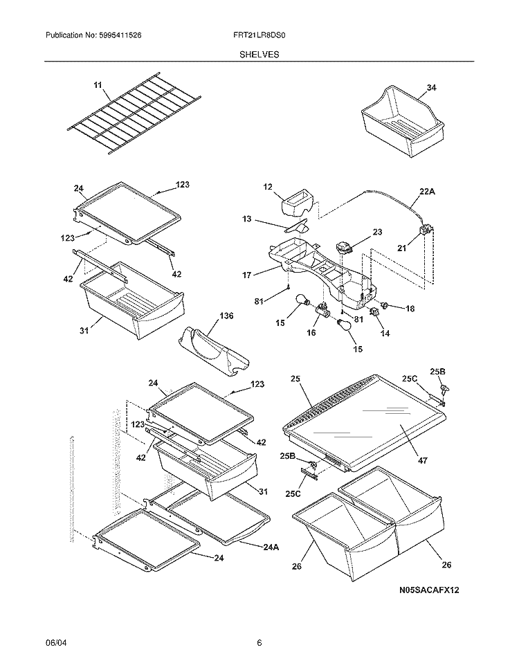 SHELVES Diagram and Parts List for FRT21LR8DS0  Frigidaire Refrigerator